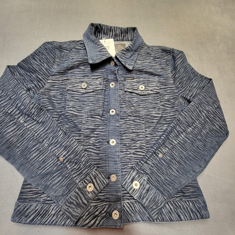 Guess Jacket Womens Large Indigo Blue Zebra Print Denim Stretch Jewel Y0452838